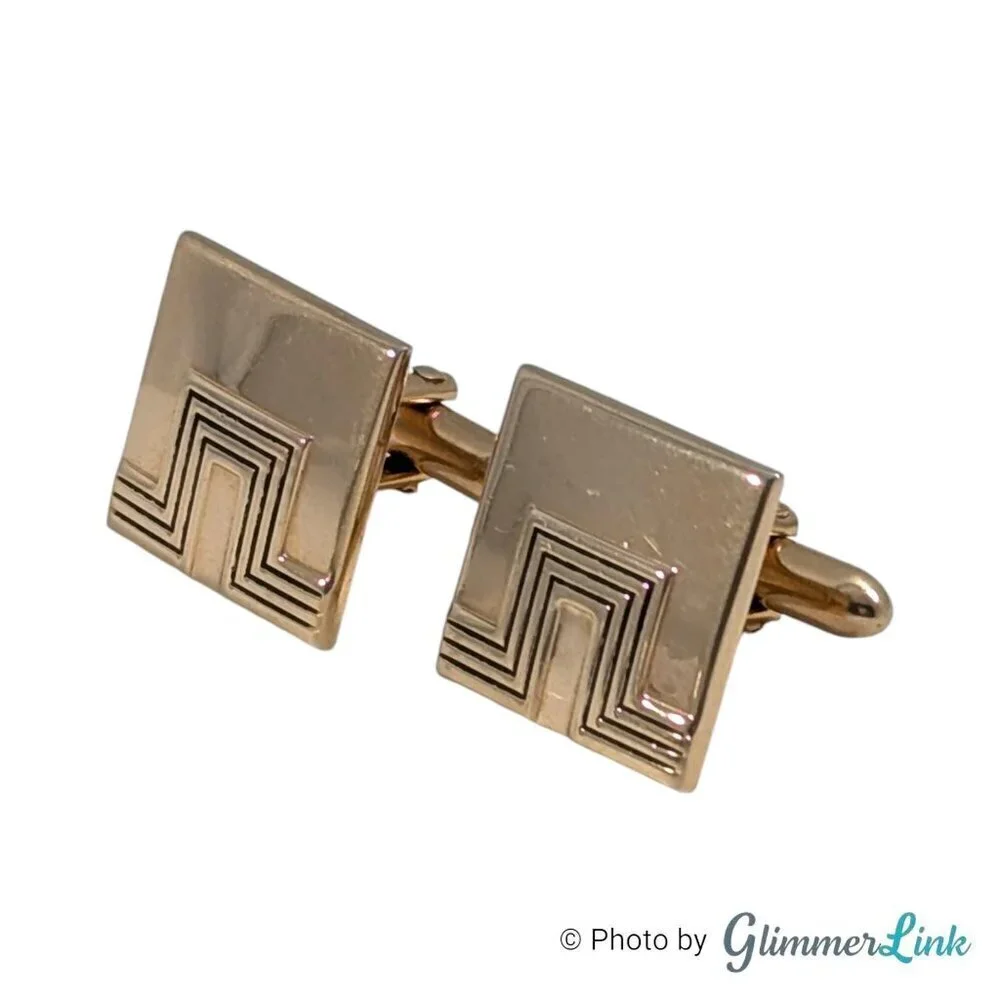 Vintage Swank MCM Square Geometric Black Lines Gold Tone Cufflinks